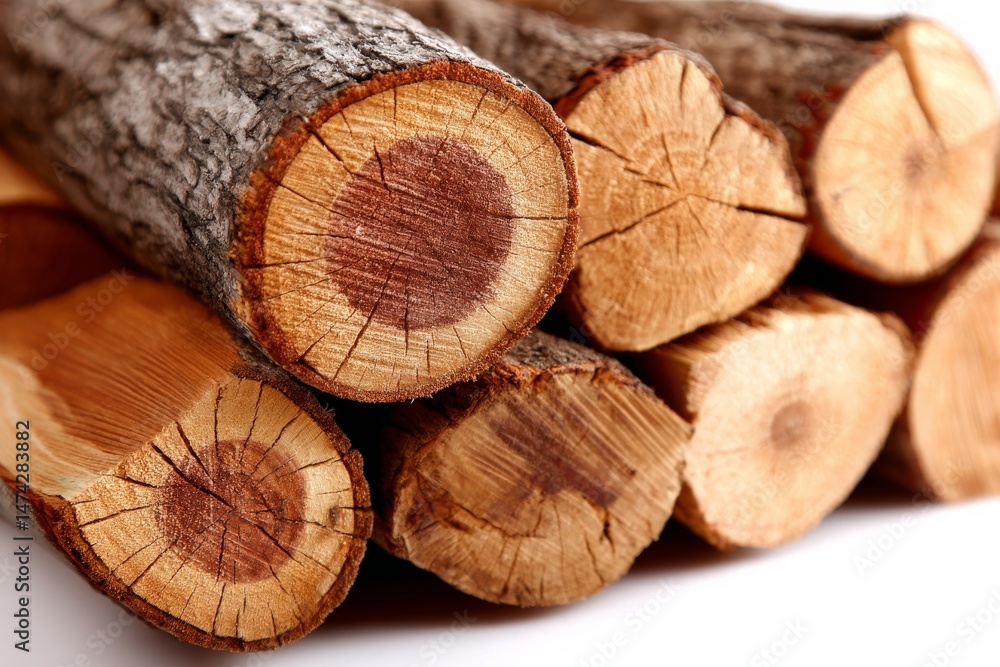 Poster logs stacked neatly in a pile ready for use in a fireplace or outdoor fire pit during autumn evening