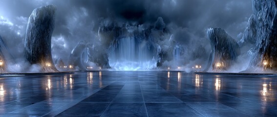 Fototapeta premium Innovative design concepts are set amidst a futuristic digital reality landscape filled with wireframe structures