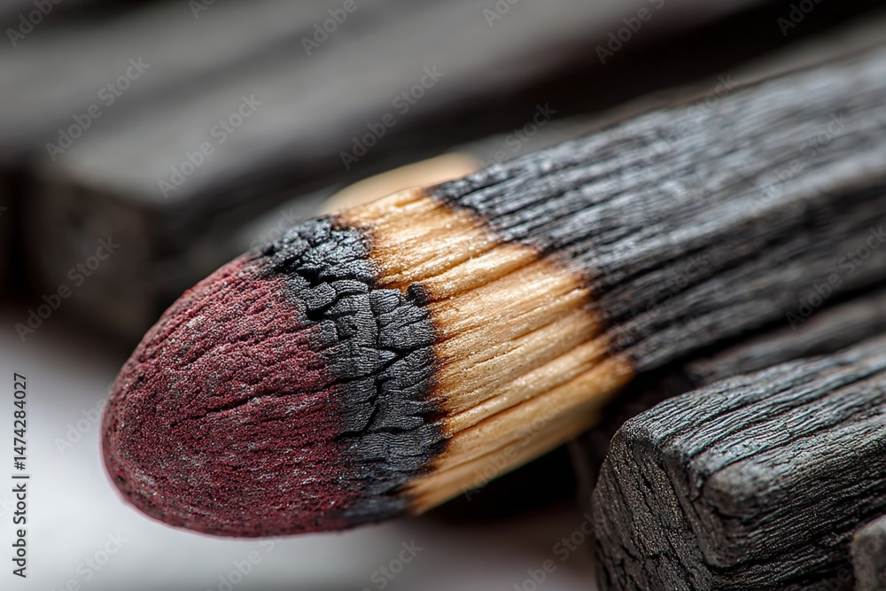 Poster close-up view of a burnt matchstick highlighting charred wood and vibrant tip colors captured indoor