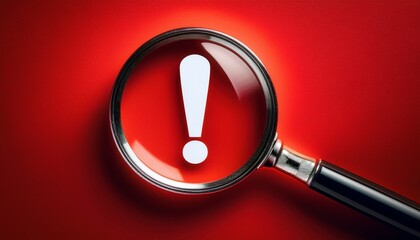view through a magnifying glass on an exclamation mark over a red background an attentiongrabbing image that represents warnings or caution ideal for safety or alert themes