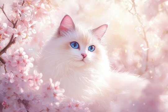 Cute white ragdoll cat with striking blue eyes among spring cherry blossoms. Perfect for use in spring, pet, or whimsical themed designs.