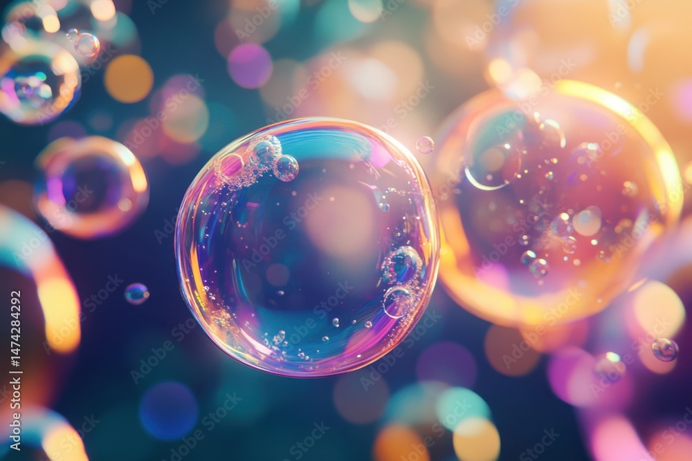 Poster a close up shot of several iridescent soap bubbles floating in the air with a blurred background