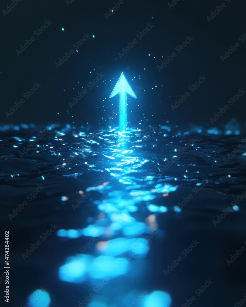 Poster glowing arrow rising from water surface symbolizing progress and growth in dark blue tones with boke