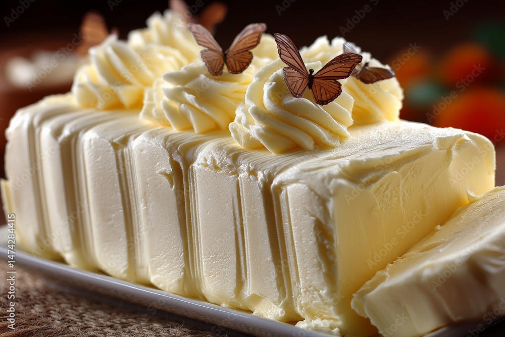 Poster butter block with decorative swirls and butterfly accents presented on a table in a cozy kitchen set