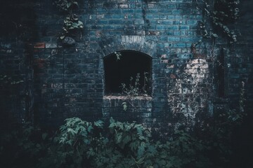 Overgrown brick wall with dark window opening and plants in a moody style in a forgotten place