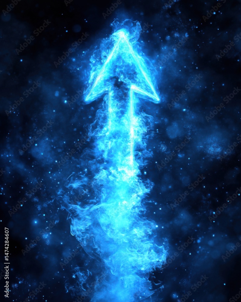 Aufkleber glowing blue arrow pointing up in dark space with sparkling particles and smoke effect digital illus