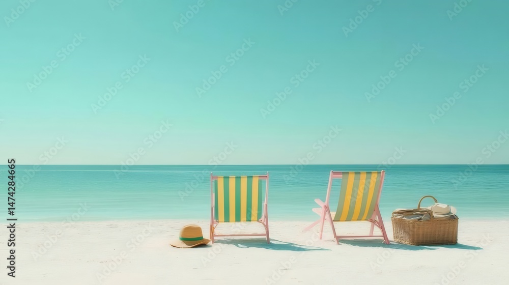Poster ターコイズの海と空を背景にした黄緑色のストライプのビーチチェアとピクニックバスケットが砂浜の夏の日差しを浴びています