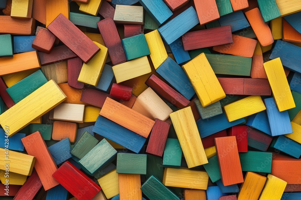Poster a dense pile of colorful wooden blocks scattered randomly across the entire image frame surface area