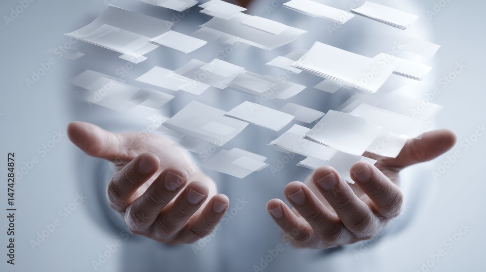 Poster hands holding or releasing floating white squares in a blurred ethereal setting.