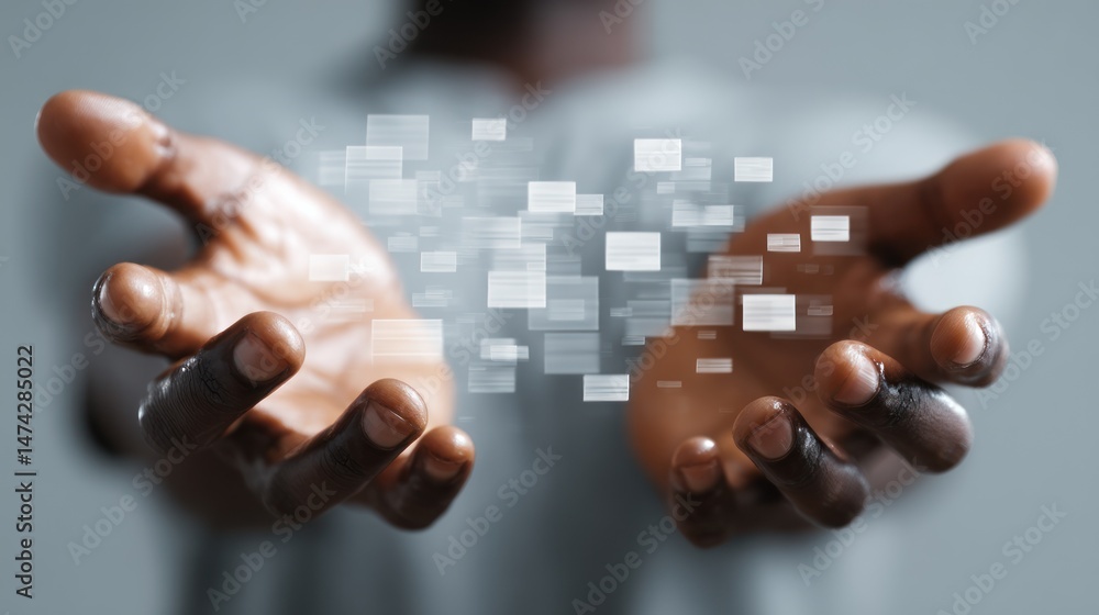 Poster hands presenting floating squares suggesting technology connection or digital transformation concept