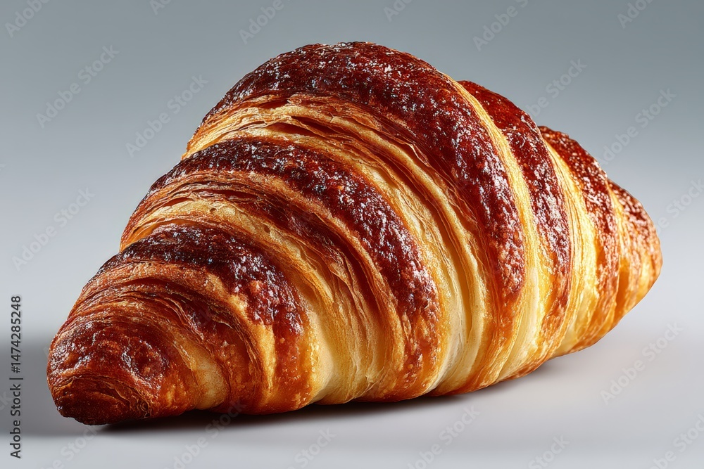 Poster Golden, flaky croissant displayed against a simple gray background highlighting its texture and shape