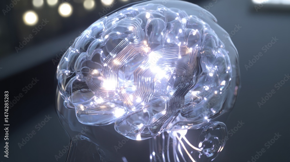 Poster glowing brain model with interconnected lights representing neural networks and intelligence.