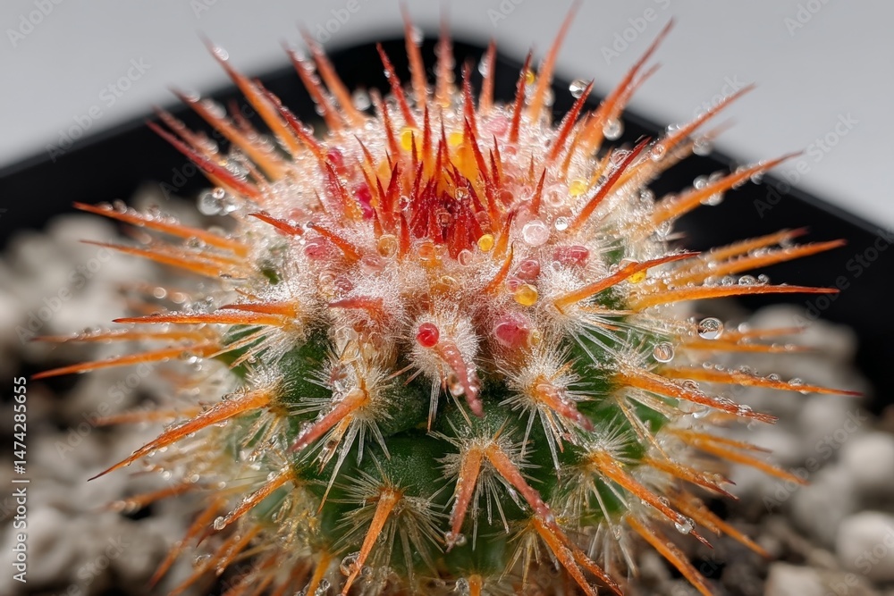 Poster close-up view of a vibrant cactus with water droplets in a bright indoor setting during daytime