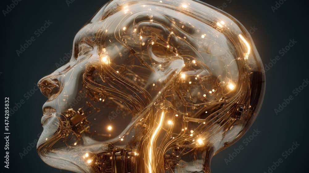 Poster transparent head with glowing lights inside representing the brain or neural network.