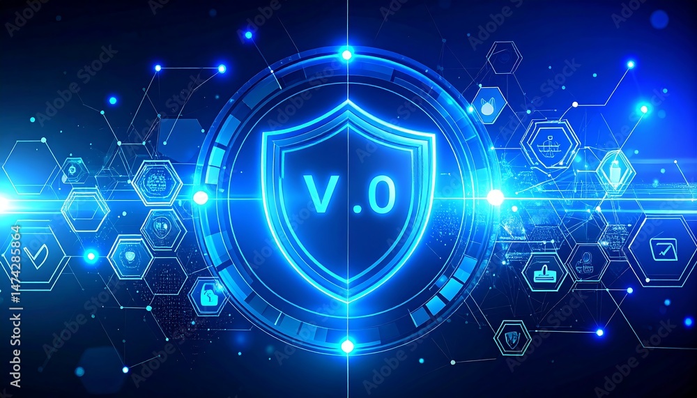 Poster digital security shield animation virtual environment motion graphics futuristic style blue light