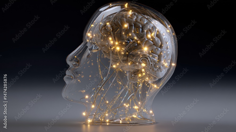 Poster transparent head with glowing lights depicting brain activity or artificial intelligence.
