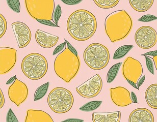 seamless pattern of lemons and leaves on pastel background cute hand drawn groovy citrus fruit design for fabric prints