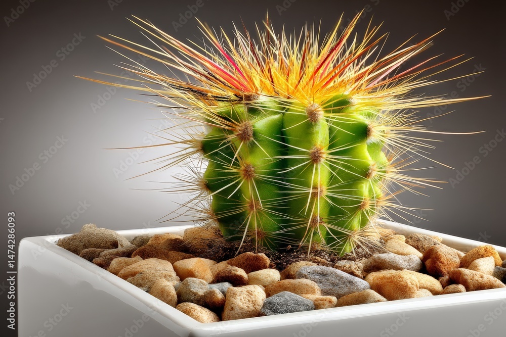 Poster vibrant cactus in a white pot surrounded by pebbles against a soft gray background