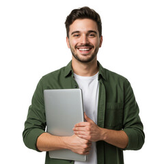 Man with laptop smiling isolated on transparent background