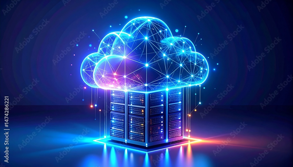 Poster cloud computing server infrastructure data center digital art futuristic close-up technology