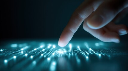 Finger touching glowing light dots on a dark surface representing technology.