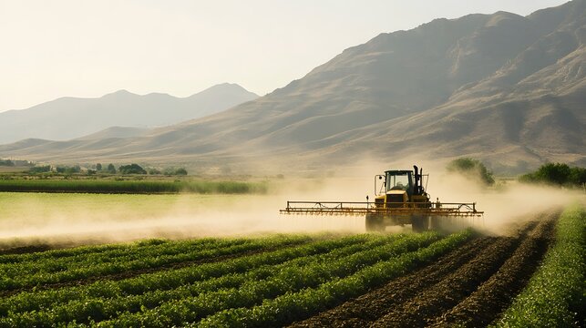 Agricultural machinery spraying crops in a rural landscape.