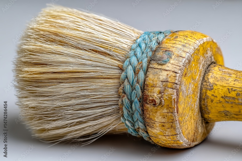 Poster handcrafted wooden brush with natural bristles displayed on a neutral background in a close-up view