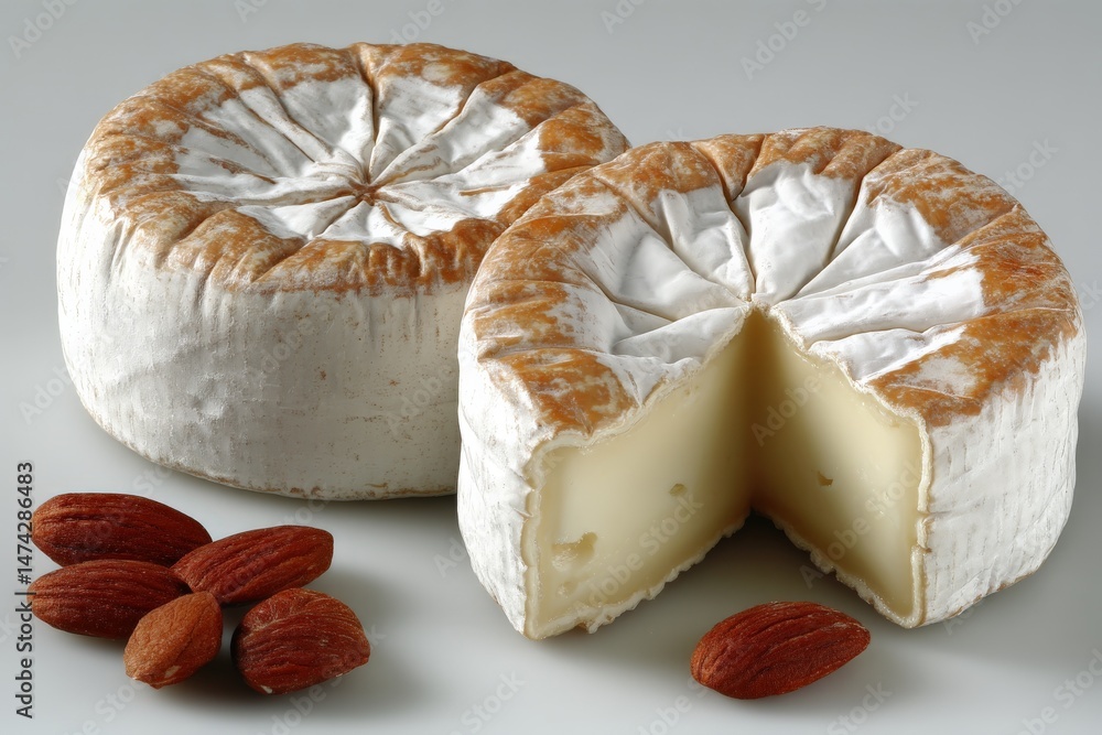 Poster Two rounds of soft cheese with a slice cut out alongside a handful of almonds on a light background