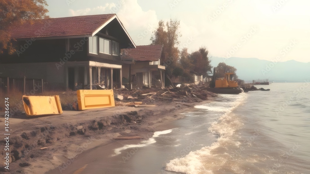 Aufkleber 水辺に沿った建築物と波が打ち寄せる海岸の風景 ライトブラウンの家並みが広がるビーチ 静かな雰囲気の海の景色
