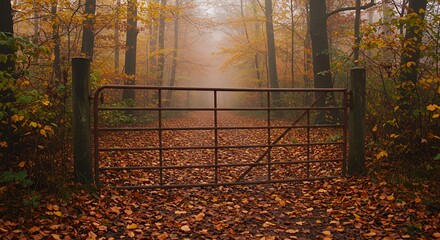 Autumn gate in foggy forest