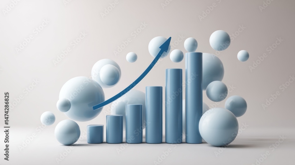 Poster An abstract representation of growth features a series of blue bar segments rising upward alongside a blue arrow. Circular shapes complement the chart, symbolizing data points in business analysis