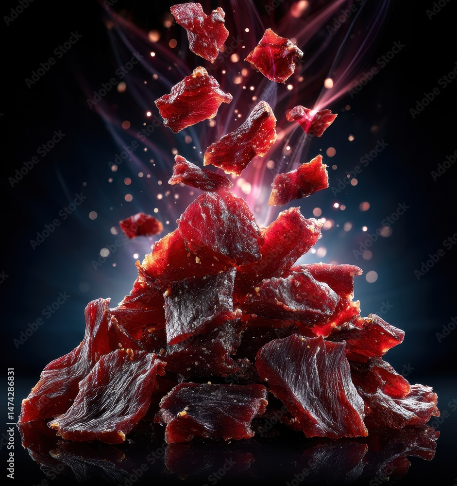Poster pile of delectable beef jerky pieces floating in air against dark background with soft bokeh lights 