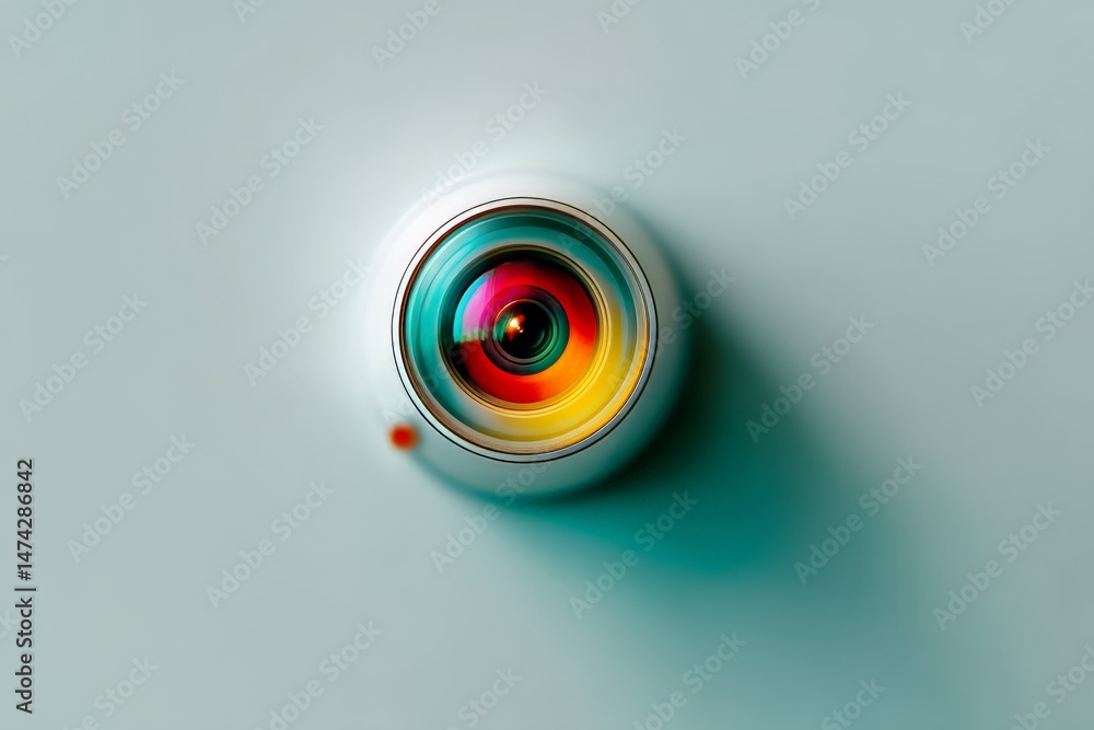 Poster colorful camera lens reflecting light on a smooth surface in a creative workspace