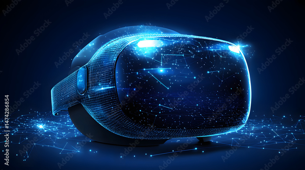 Aufkleber Futuristic VR headset on dark blue. Mesh design evokes immersion. Illuminated lenses & networked lines suggest advanced tech. Ideal for metaverse marketing. Abstract wireframe in dark blue
