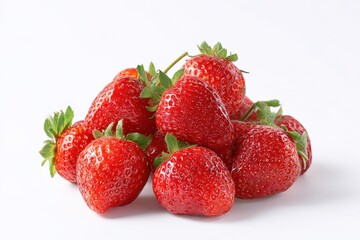 A pile of juicy, ripe strawberries on a white background.