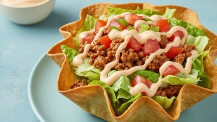 A delicious taco salad in a crispy tortilla bowl