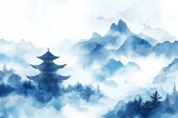 Blue Watercolor Landscape of a Pagoda in Misty Mountains