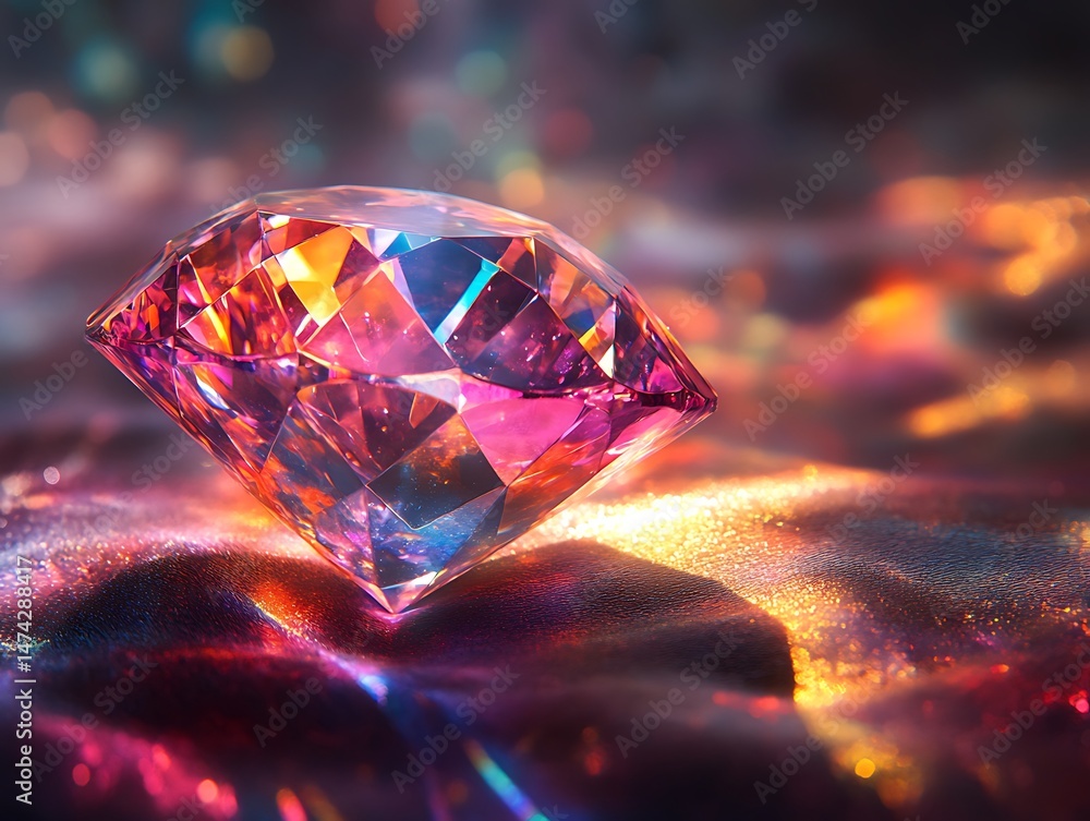 Aufkleber multichromatic diamond rests on shimmering surface with bokeh background