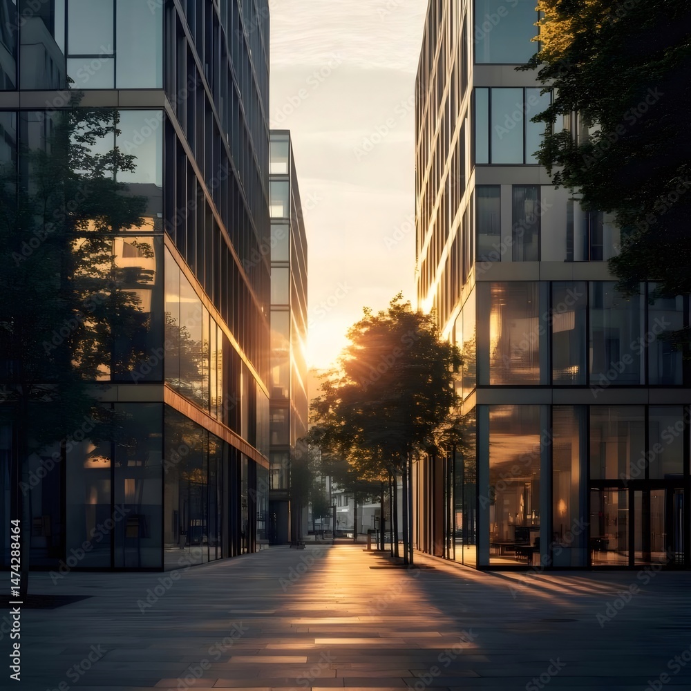 Poster 現代的な都市景観 日没時の通りに反射する光 モダンなオフィスビルと暗い舗装の道が特徴的なドイツの建築