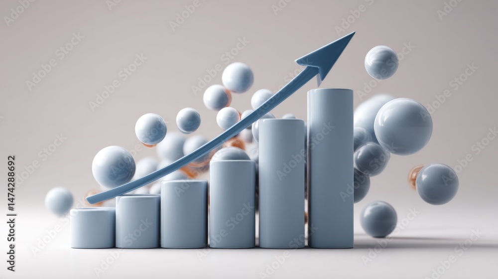 Poster A blue upward arrow extends from an abstract bar chart, symbolizing growth and success in financial or business metrics. The chart features various heights representing data trends