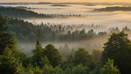 Early morning fog blankets a dense forest landscape