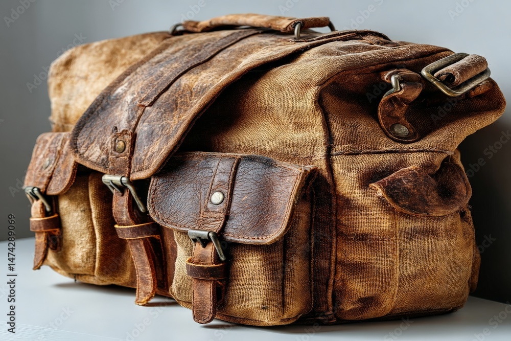 Poster Vintage leather and canvas bag with multiple pockets on display against a neutral background
