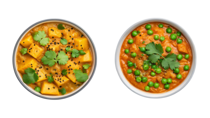 Two bowls of delicious indian dal curry with mango and peas on transparent PNG background