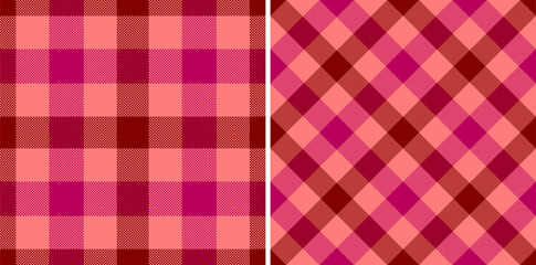 Two vibrant plaid patterns in coral and burgundy hues. Perfect for textiles, website backgrounds, or festive designs.