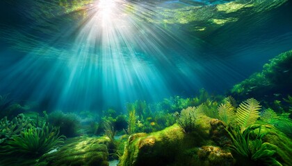 underwater landscape with lush greenery and sunlight rays