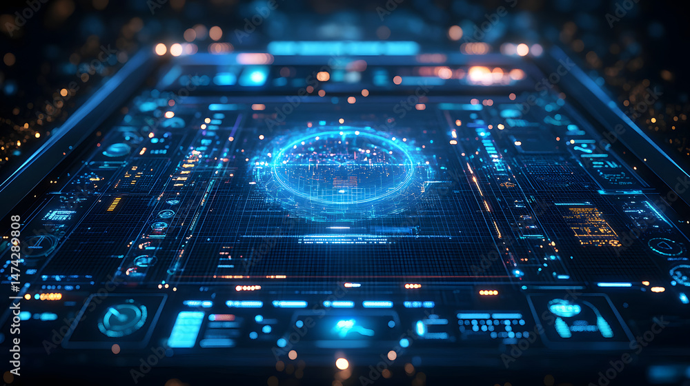 Poster futuristic glowing control panel interface with complex blue and orange patterns. circular dials and