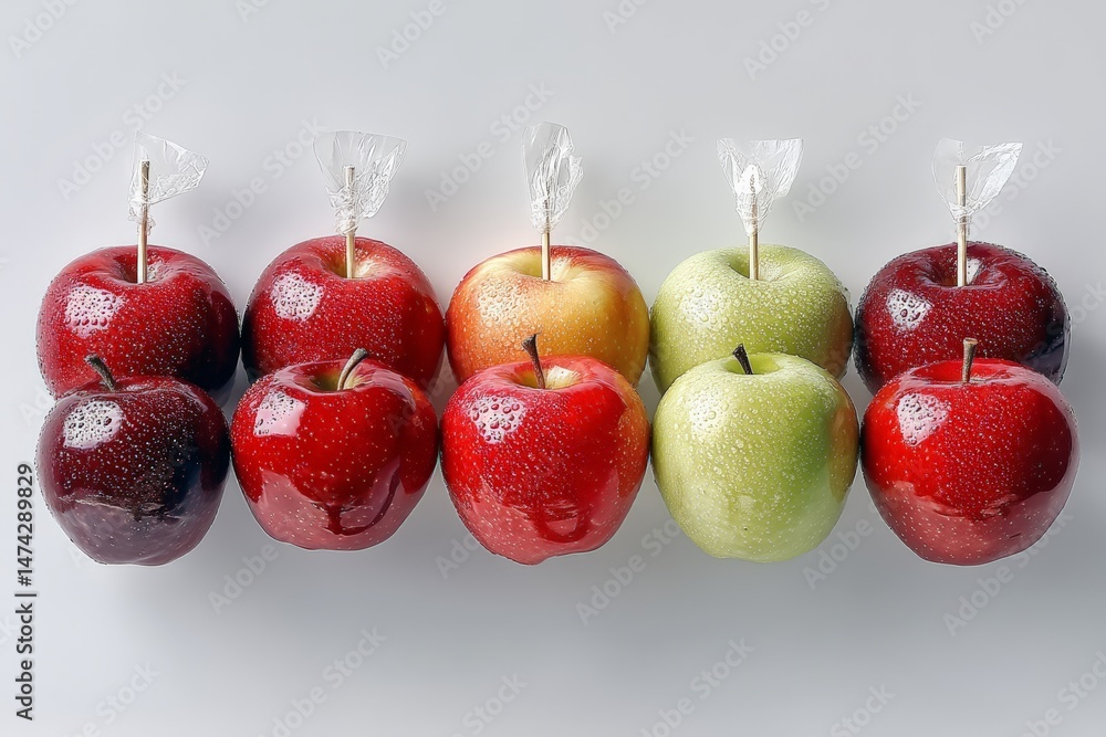 Poster Freshly polished apples in various colors arranged neatly on a table ready for display