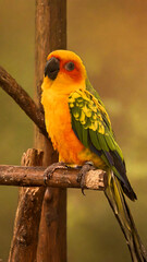 Captivating Portrait of a Sun Conure Perched on a Rustic Wooden Branch