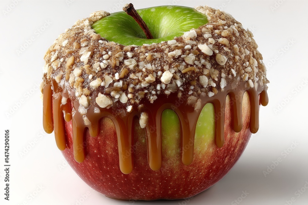 Poster caramel dipped apple topped with nuts and oats on a white background showcasing a creative dessert i