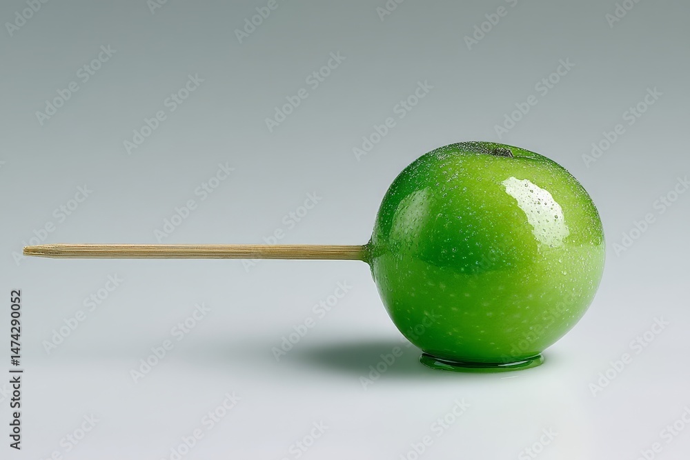 Aufkleber green apple on a wooden stick placed on a smooth surface for creative presentation